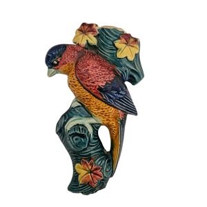 Vintage Colorful Parrot Tree Wall Pocket Planter Japan Ceramic Flower